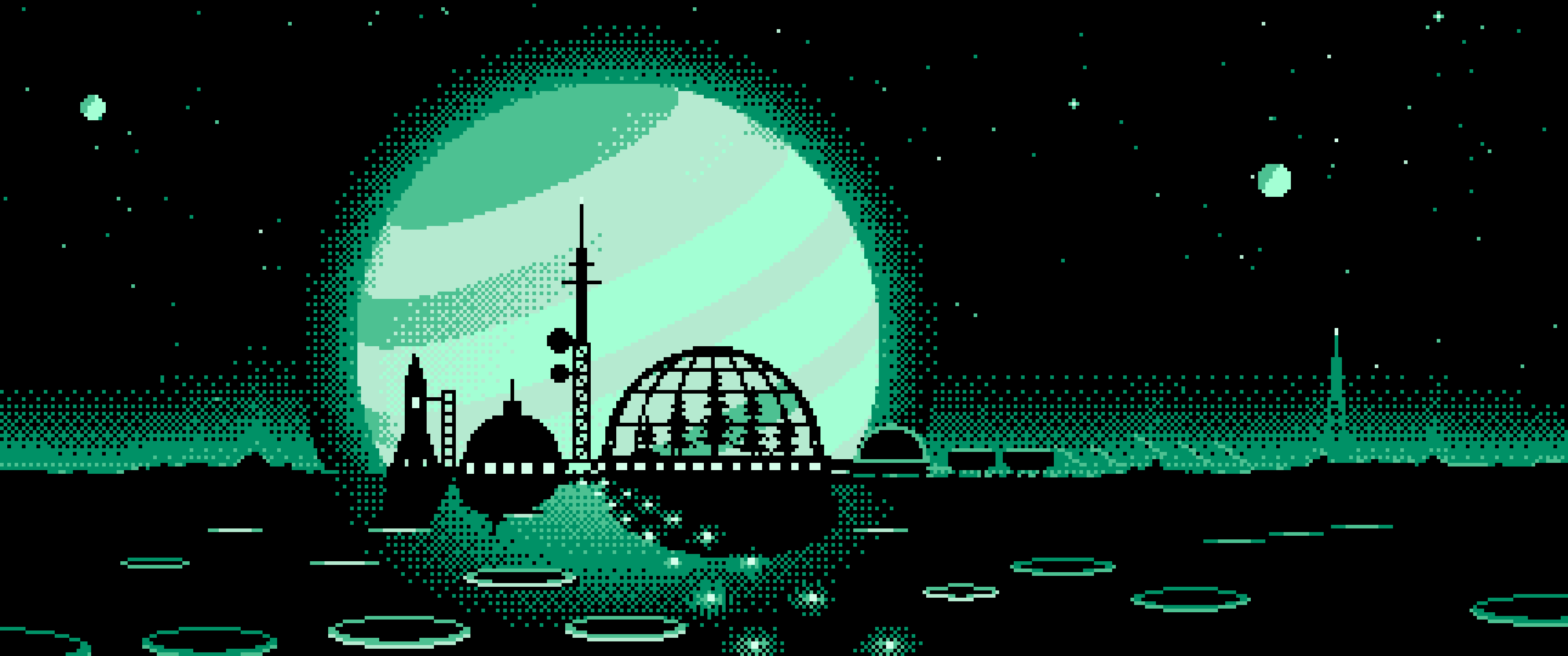 Mint Pixel Art Space Colony and Planet ultrawide wallpaper, 3440 × 1440