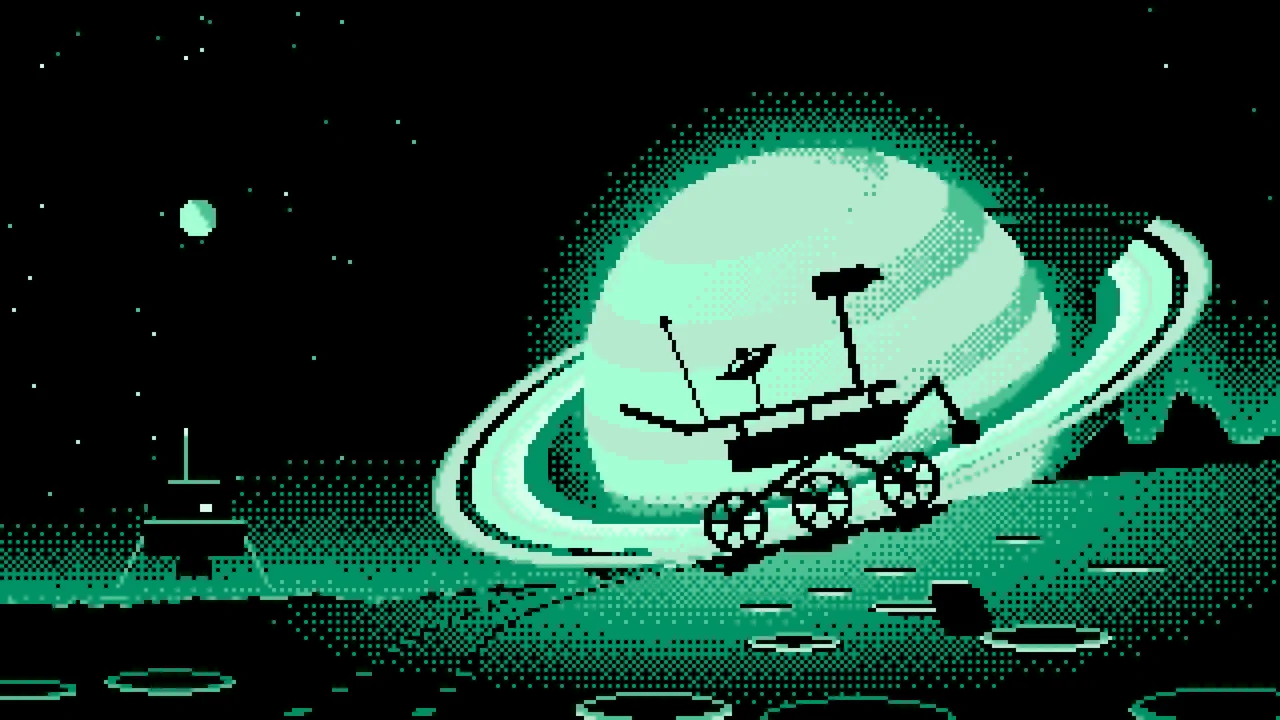 Mint Pixel Art Space Rover and Ringed Planet desktop wallpaper in 4K