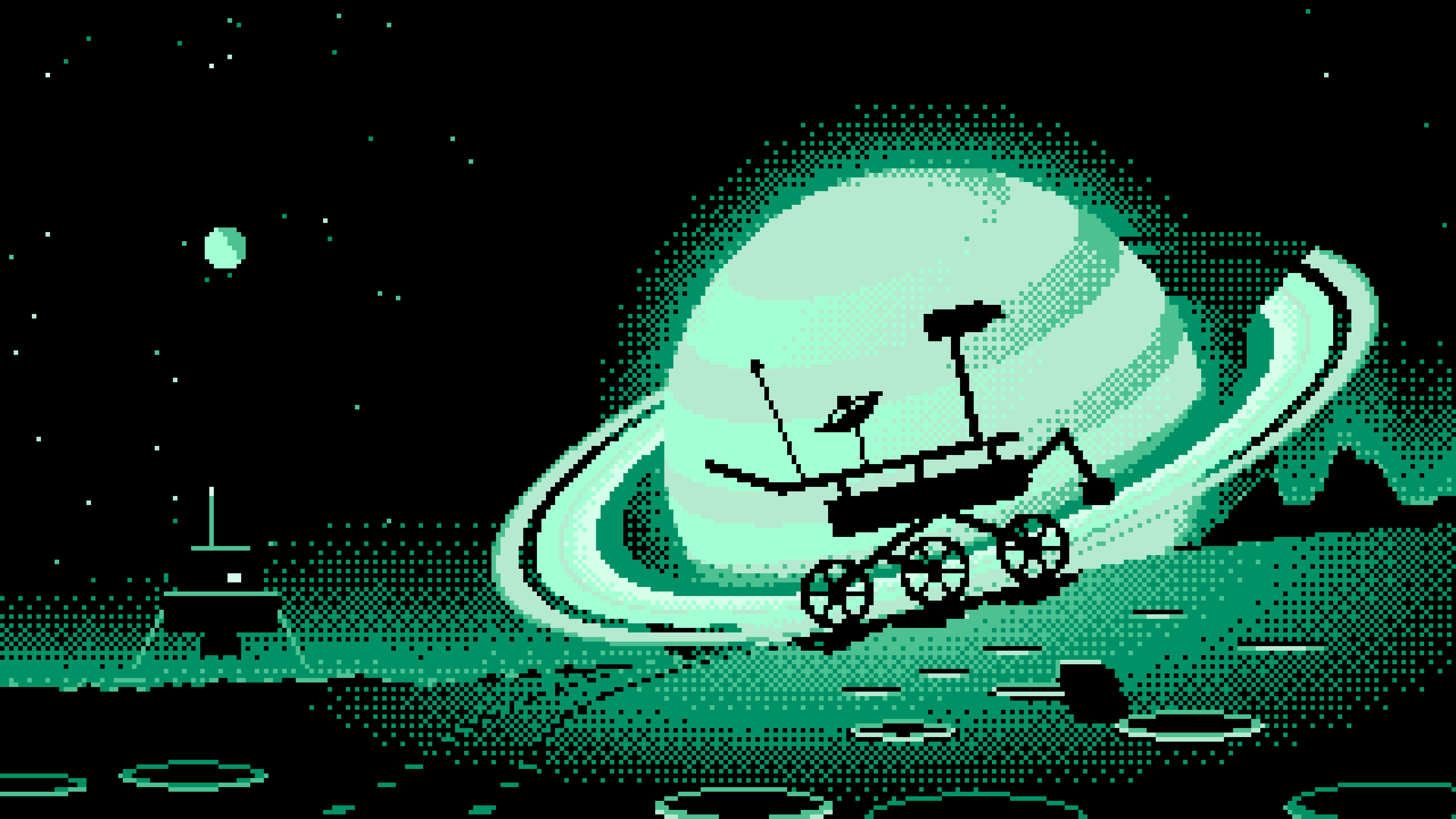 Mint Pixel Art Space Rover and Ringed Planet desktop wallpaper in 4K