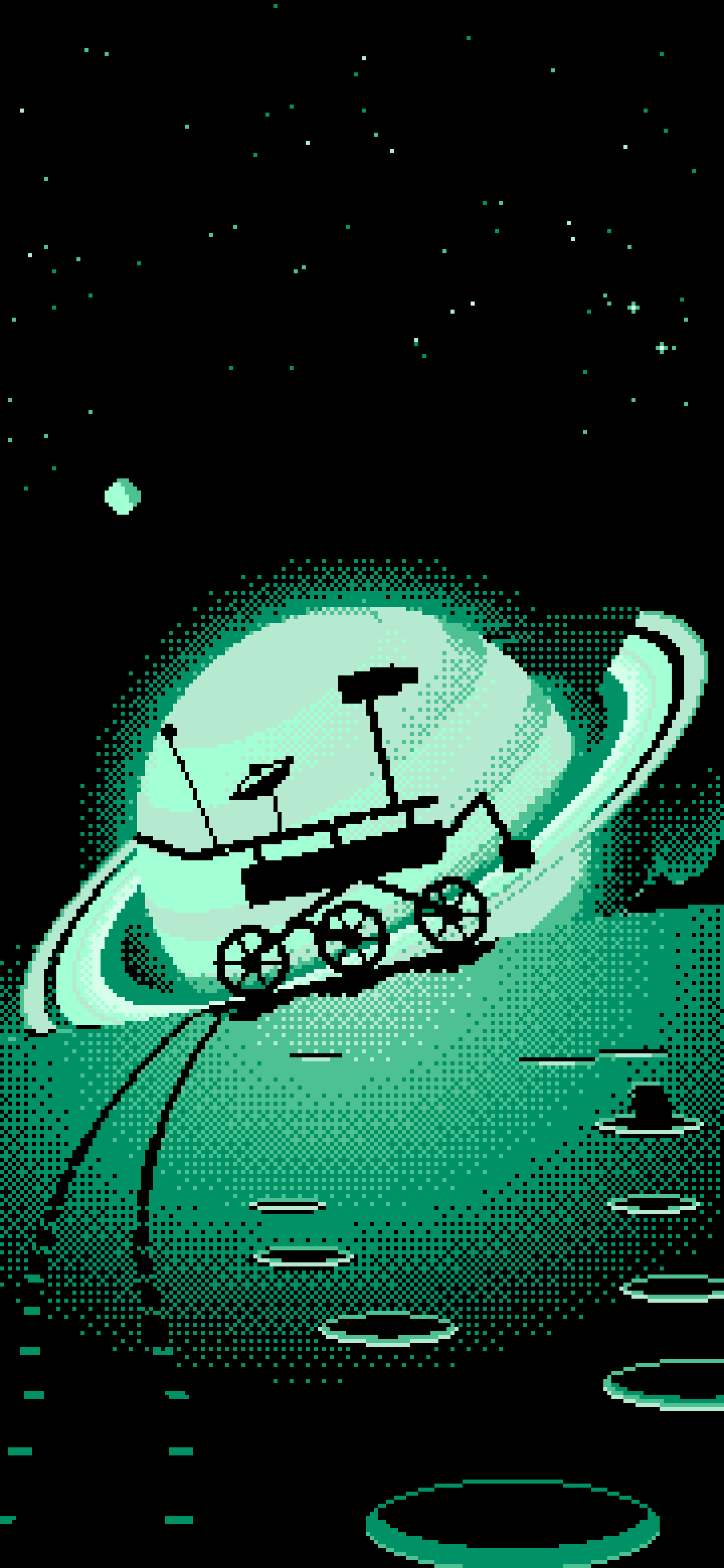 Mint Pixel Art Space Rover and Ringed Planet wallpaper for iPhone and Android