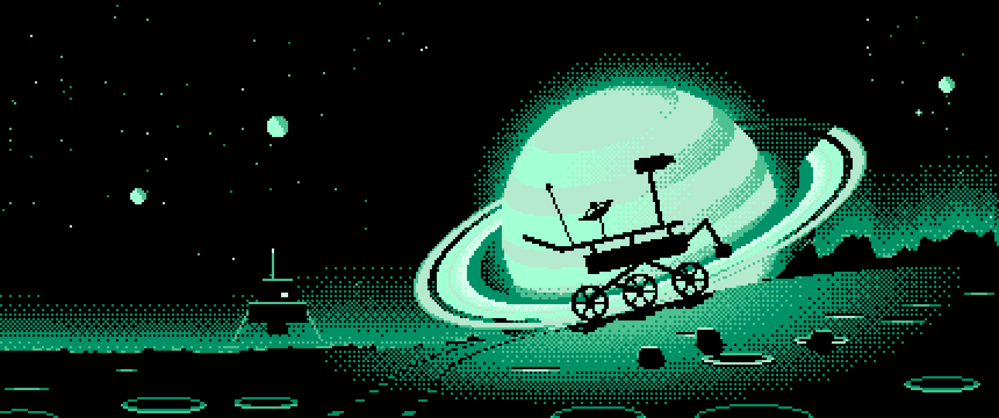 Mint Pixel Art Space Rover and Ringed Planet ultrawide wallpaper, 3440 × 1440