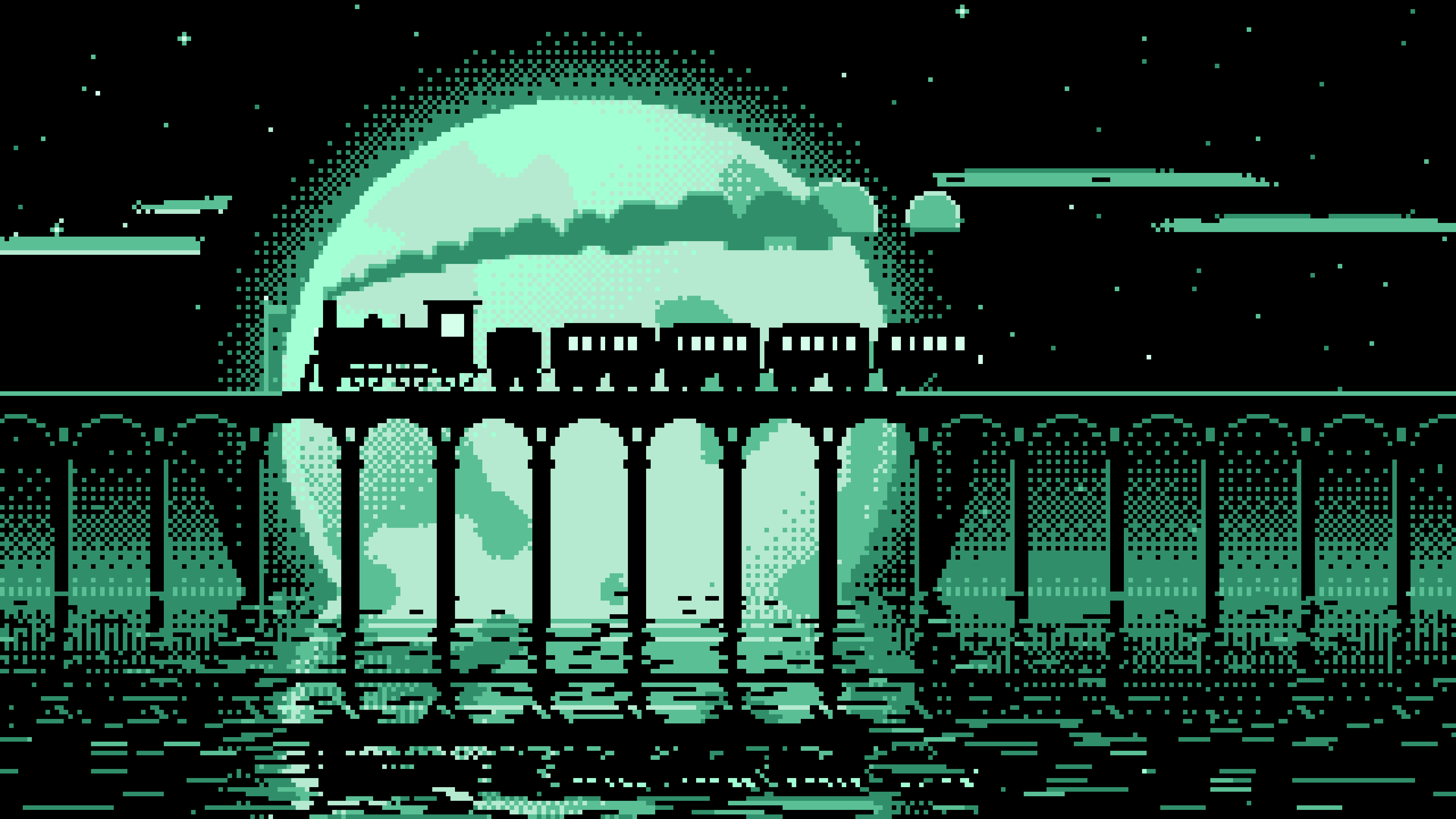 Mint Pixel Art Steam Train and Full Moon desktop wallpaper in 4K