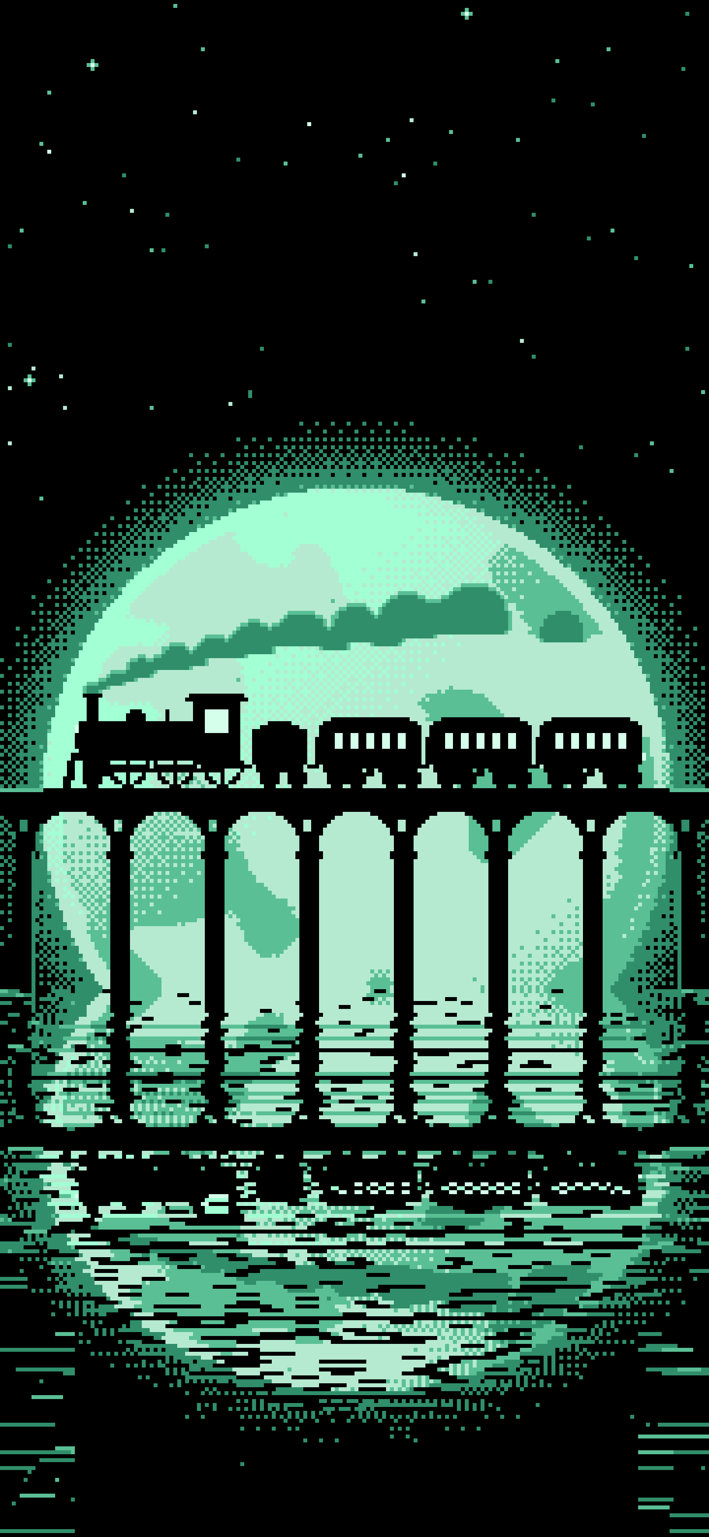 Mint Pixel Art Steam Train and Full Moon wallpaper for iPhone and Android