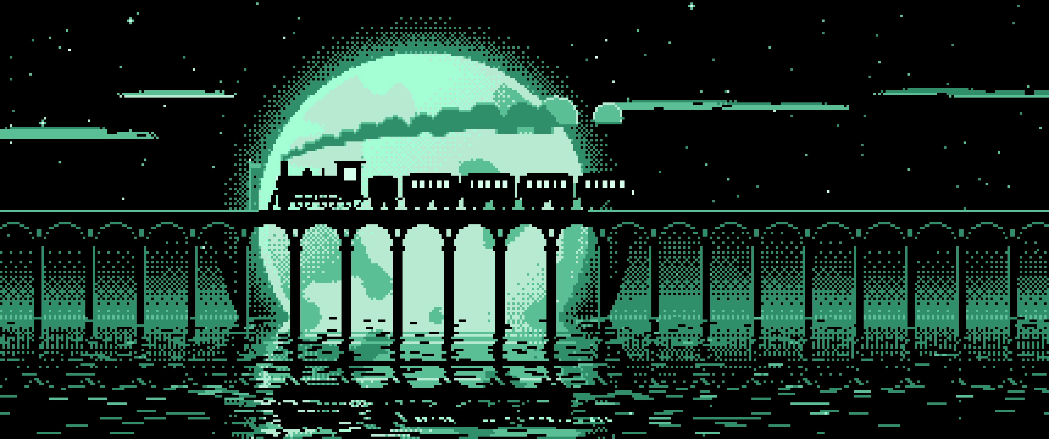 Mint Pixel Art Steam Train and Full Moon ultrawide wallpaper, 3440 × 1440