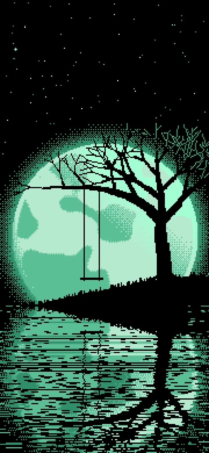 Mint Pixel Art Tree Swing and Full Moon wallpaper for iPhone and Android