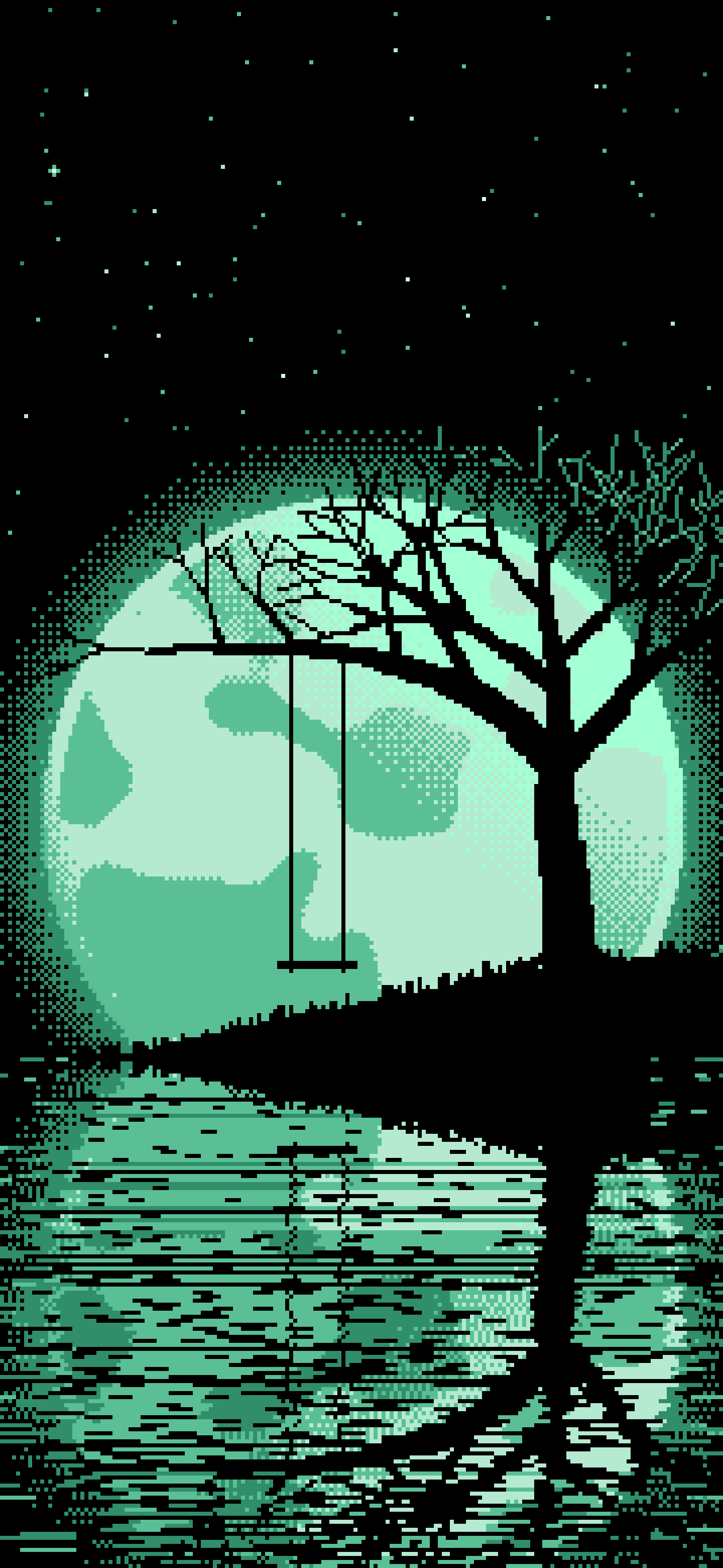 Mint Pixel Art Tree Swing and Full Moon wallpaper for iPhone and Android