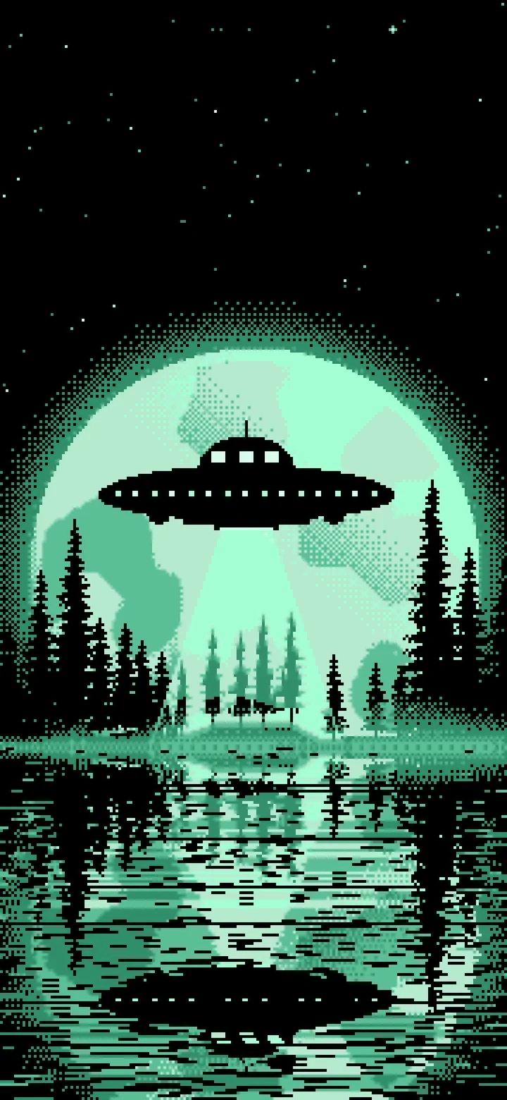 Mint Pixel Art UFO and Full Moon wallpaper for iPhone and Android