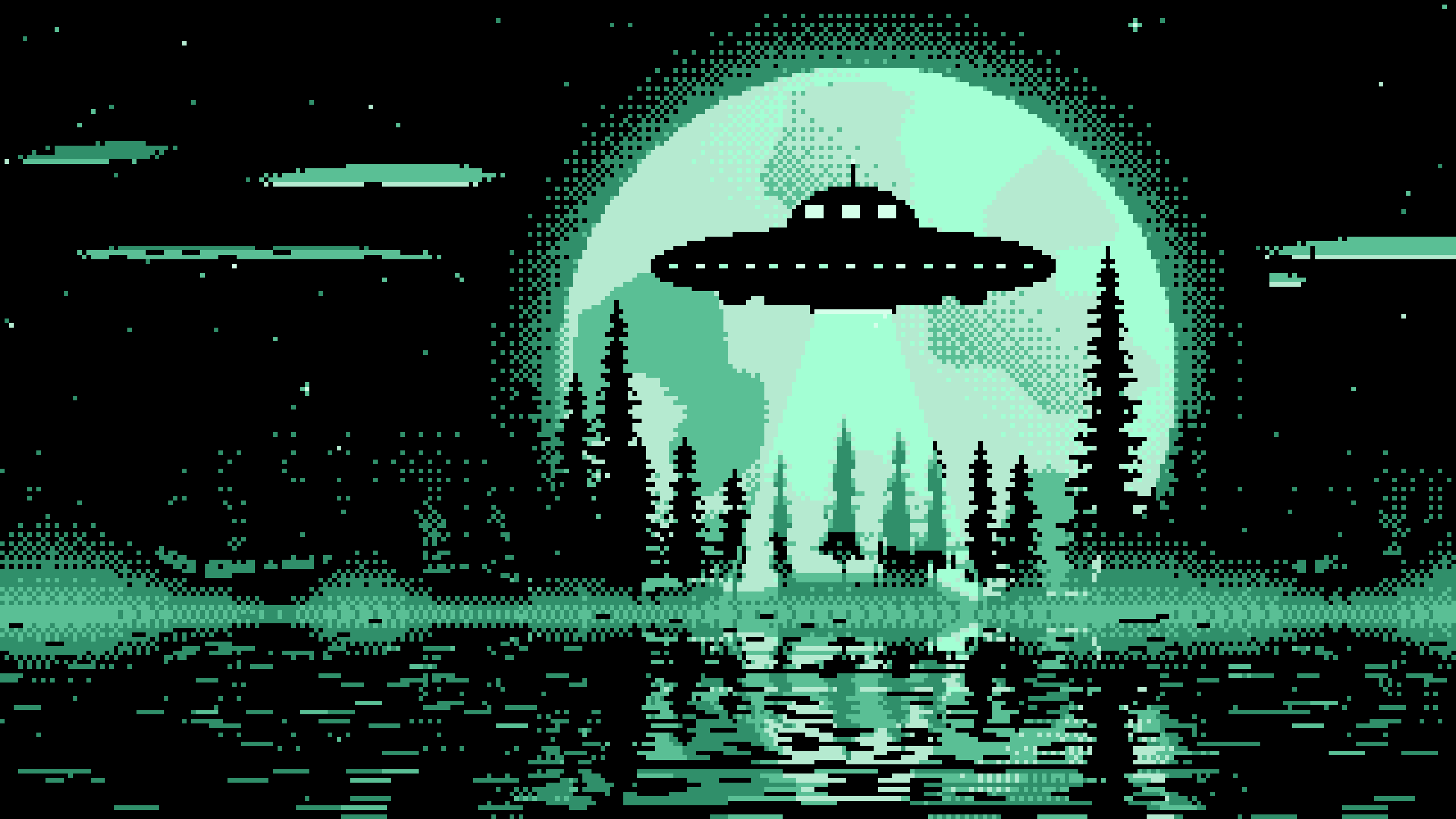 Mint Pixel Art UFO and Full Moon desktop wallpaper in 4K