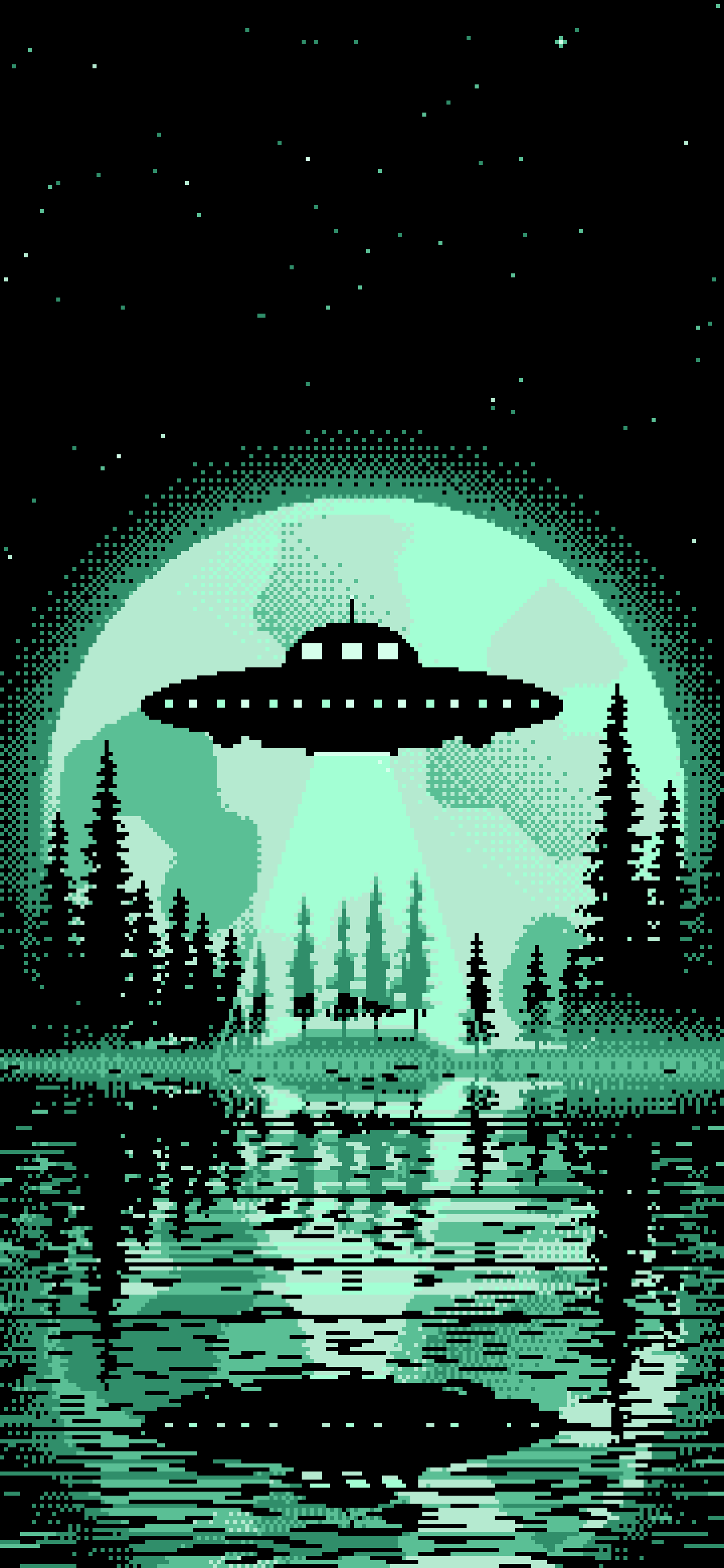 Mint Pixel Art UFO and Full Moon wallpaper for iPhone and Android