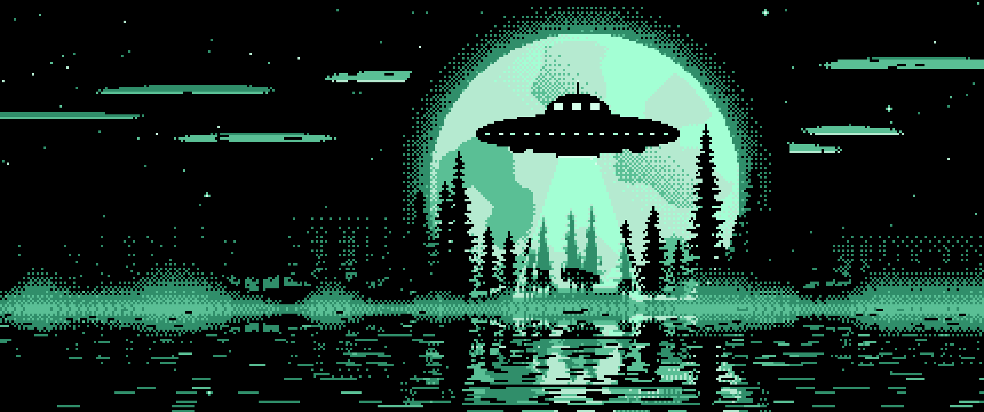 Mint Pixel Art UFO and Full Moon ultrawide wallpaper, 3440 × 1440