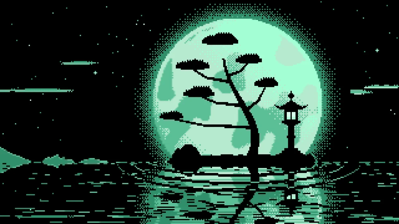 Mint Pixel Art Zen Stone Lantern and Full Moon desktop wallpaper in 4K