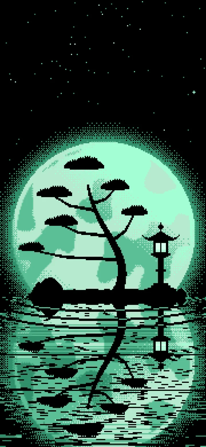 Mint Pixel Art Zen Stone Lantern and Full Moon wallpaper for iPhone and Android