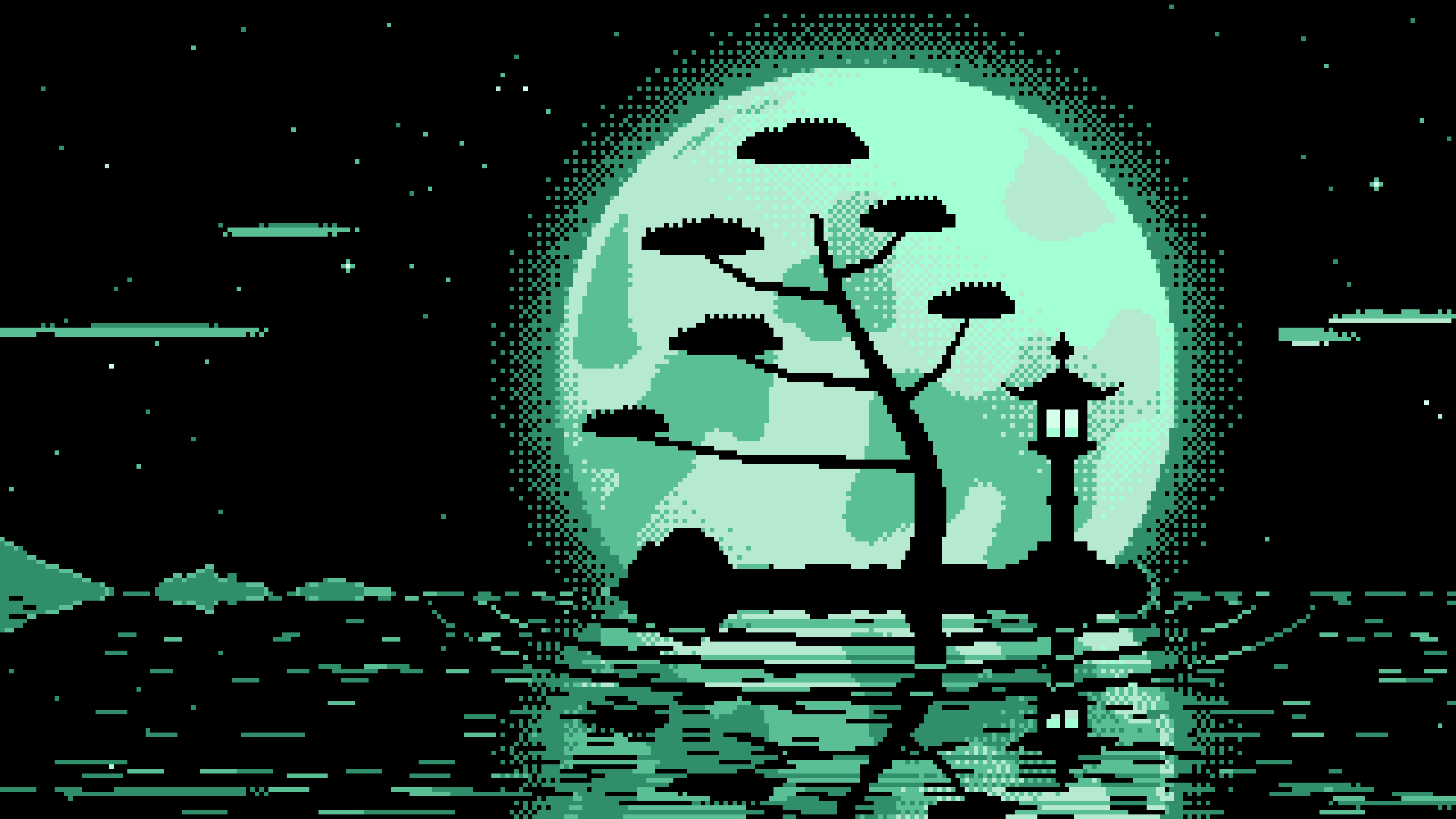 Mint Pixel Art Zen Stone Lantern and Full Moon desktop wallpaper in 4K