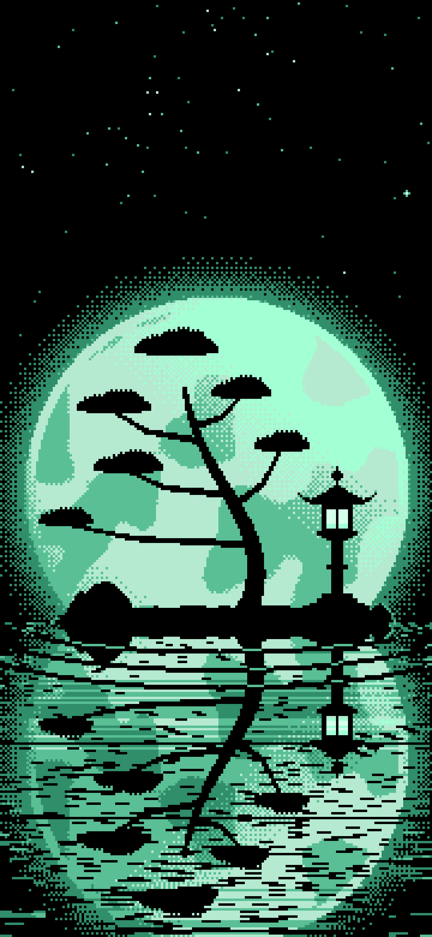 Mint Pixel Art Zen Stone Lantern and Full Moon wallpaper for iPhone and Android
