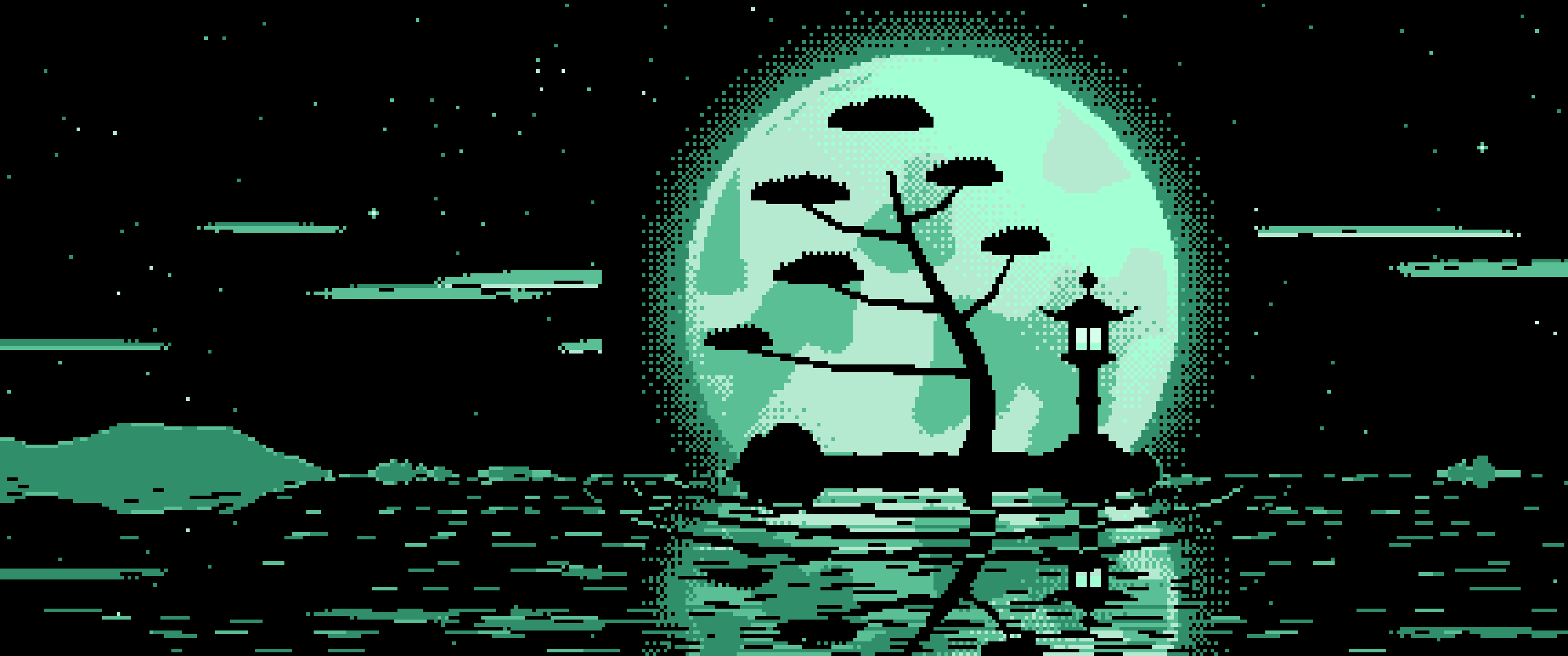 Mint Pixel Art Zen Stone Lantern and Full Moon ultrawide wallpaper, 3440 × 1440