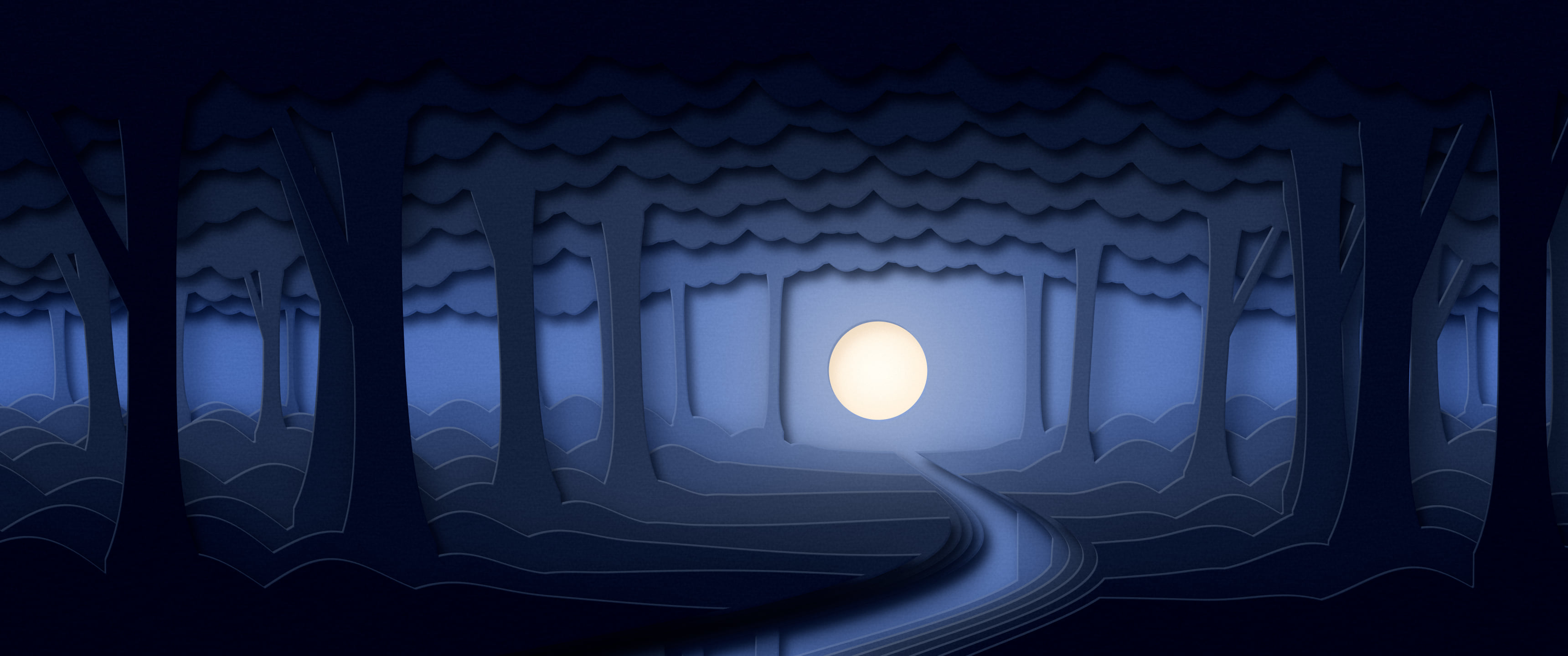 Navy 3D Paper Cut Forest ultrawide wallpaper, 3440 × 1440