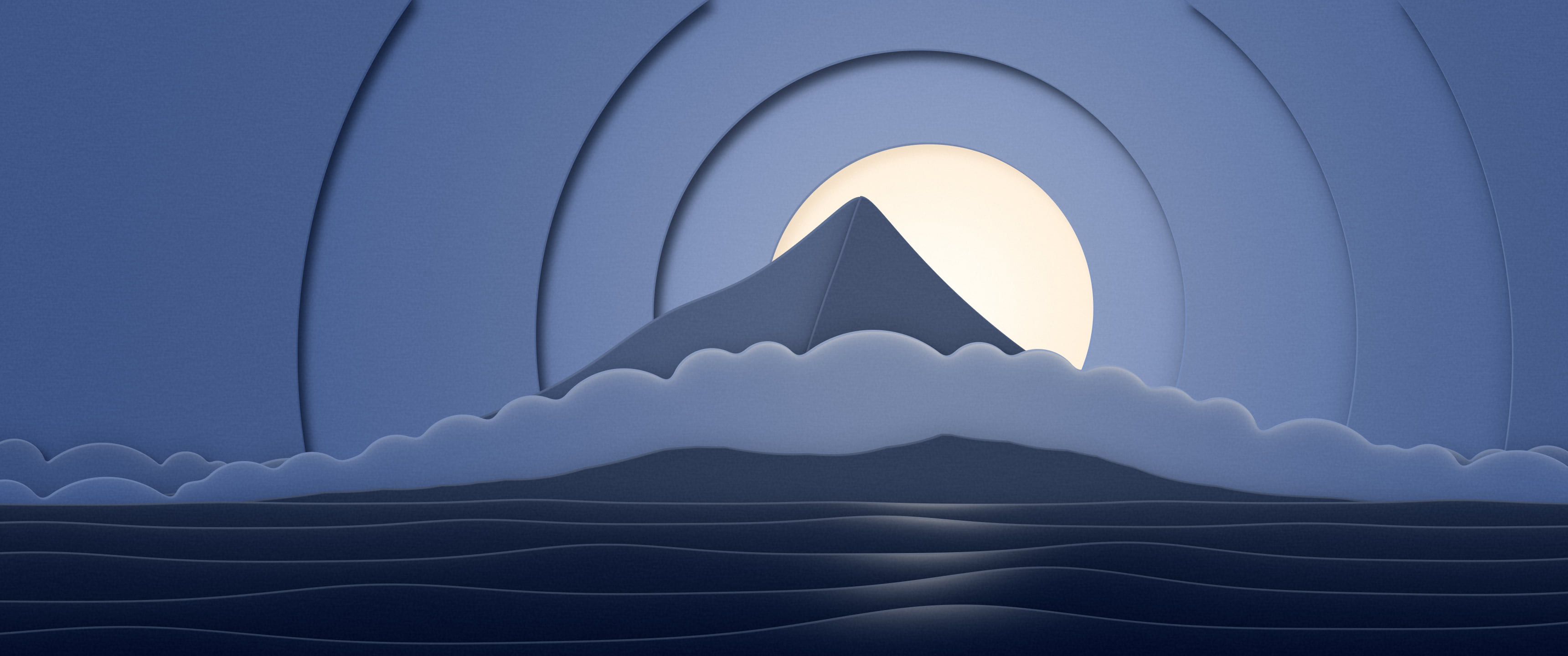 Navy 3D Paper Cut Island ultrawide wallpaper, 3440 × 1440