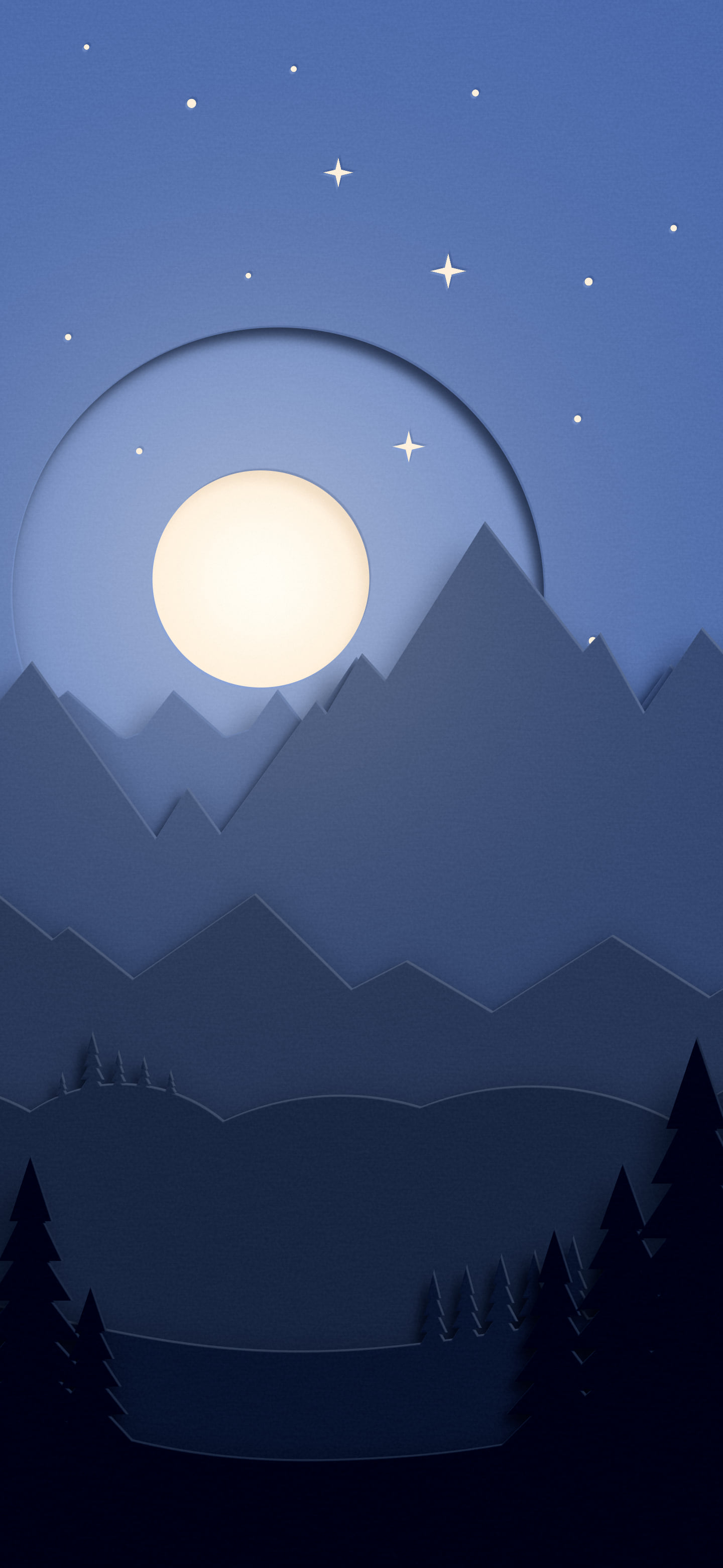 Navy 3D Paper Cut Mountains and Moon wallpaper for iPhone and Android