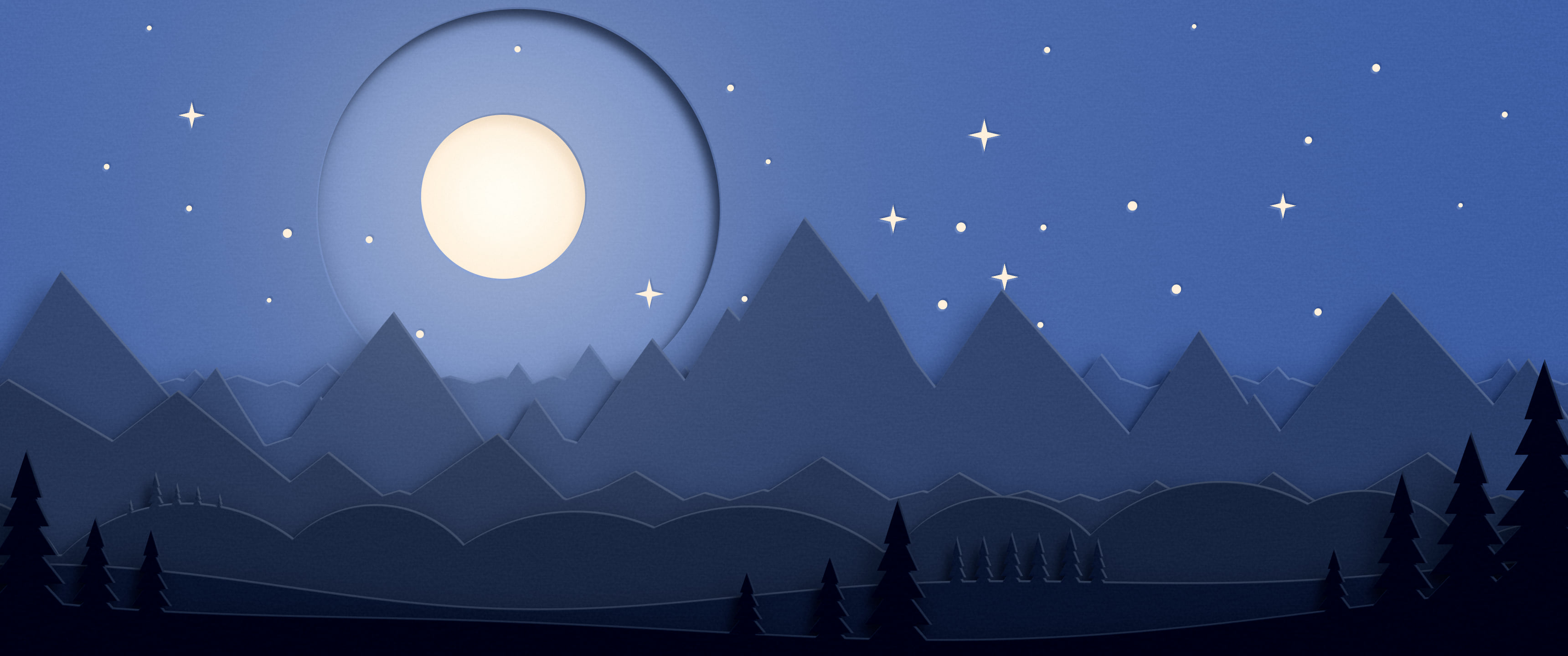 Navy 3D Paper Cut Mountains and Moon ultrawide wallpaper, 3440 × 1440