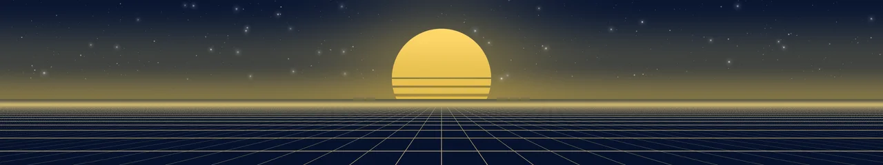 Navy and Gold Synthwave Grid Sunset triple monitor wallpaper, 7680 × 1440