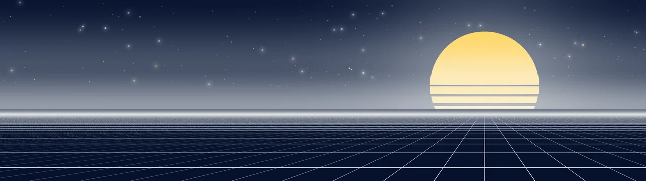 Navy and White Synthwave Grid Sunset dual monitor wallpaper, 7680 × 2160