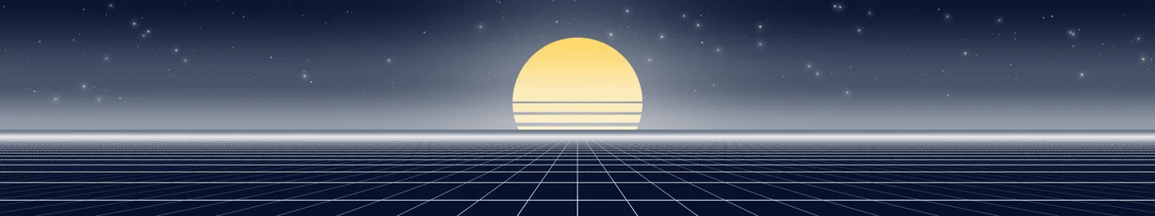 Navy and White Synthwave Grid Sunset triple monitor wallpaper, 7680 × 1440