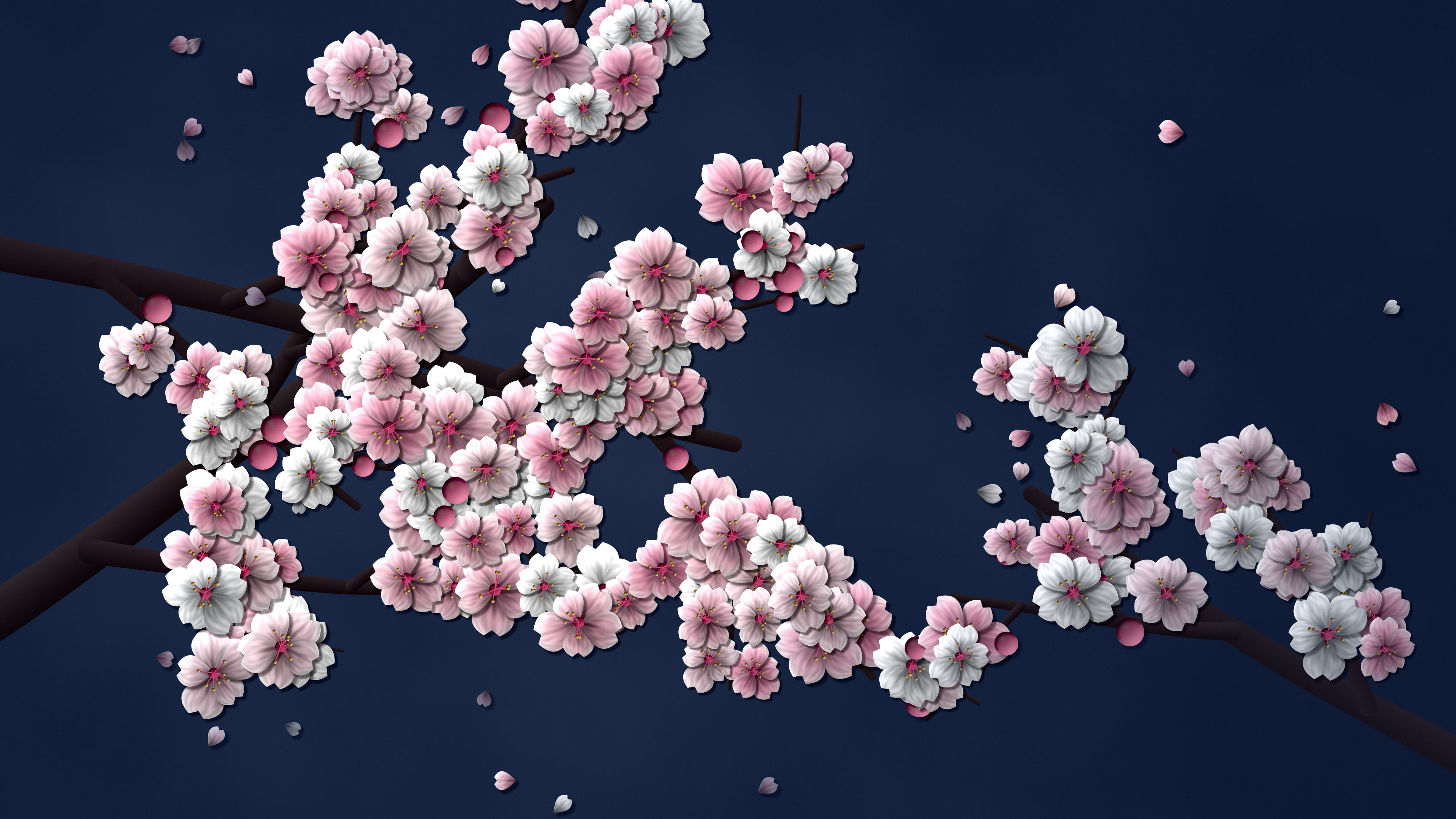 Navy Blossom Branch Pattern desktop wallpaper in 4K