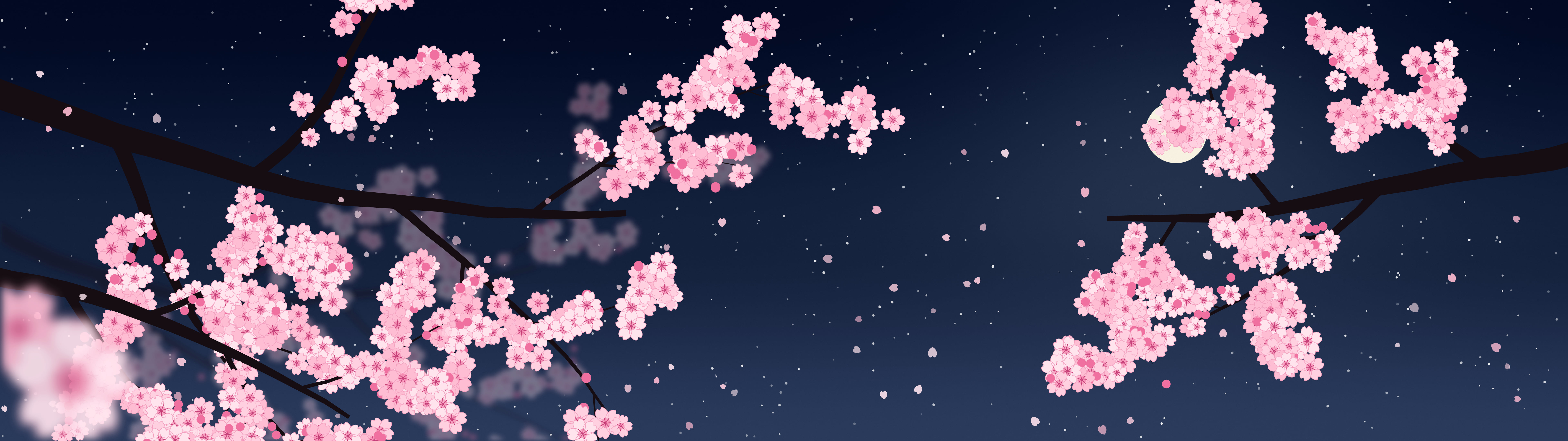 Navy Cherry Blossom Branch dual monitor wallpaper, 7680 × 2160