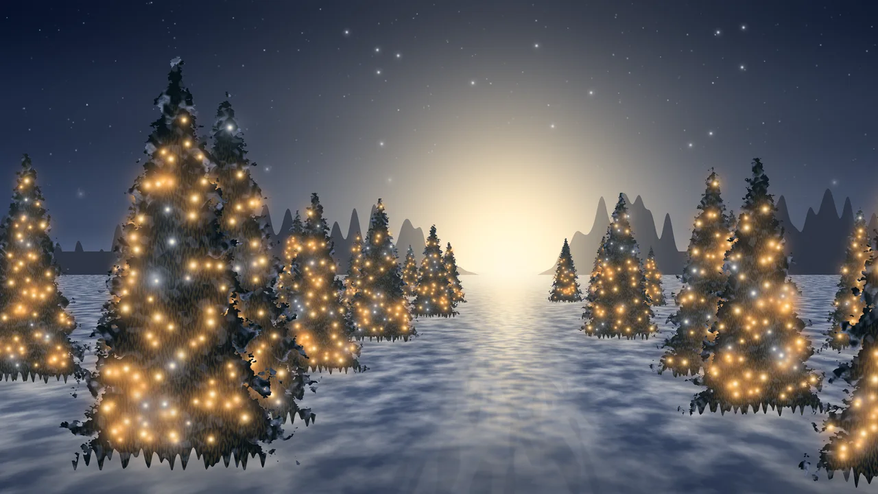 Navy Christmas Lights Forest Path desktop wallpaper in 4K