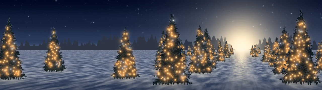 Navy Christmas Lights Forest Path dual monitor wallpaper, 7680 × 2160