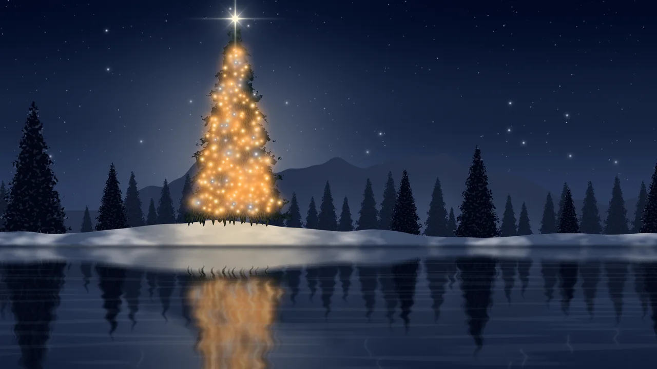 Navy Christmas Tree by a Lake desktop wallpaper in 4K