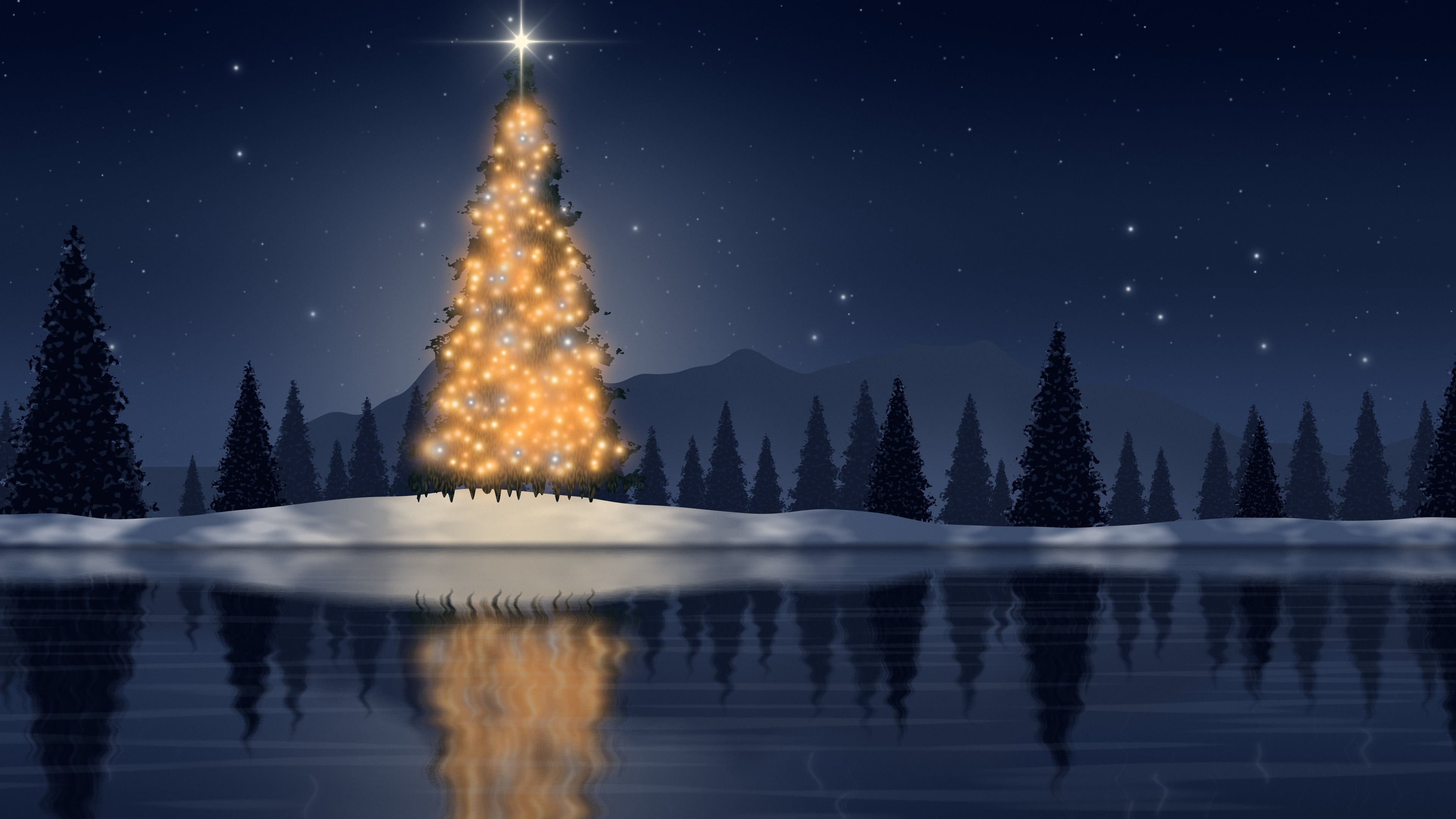 Navy Christmas Tree by a Lake desktop wallpaper in 4K