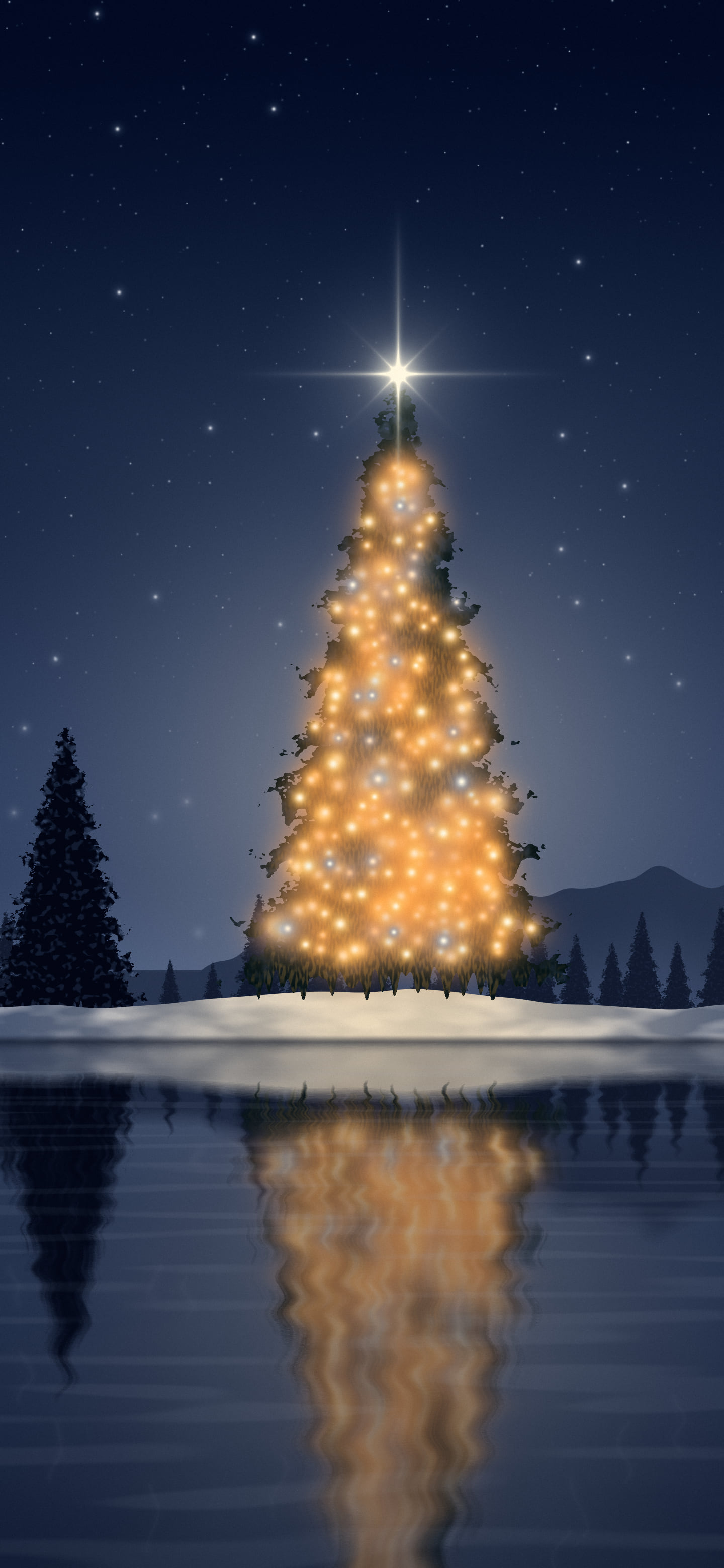 Navy Christmas Tree by a Lake wallpaper for iPhone and Android