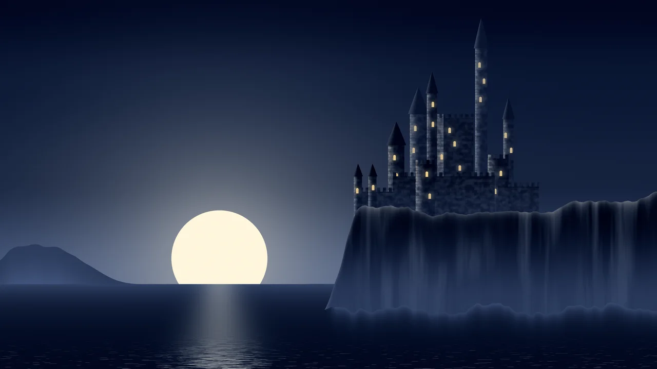 Navy Fantasy Castle at Sunset desktop wallpaper in 4K