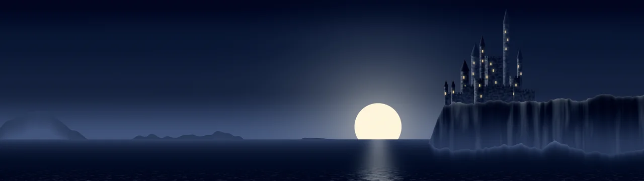 Navy Fantasy Castle at Sunset dual monitor wallpaper, 7680 × 2160