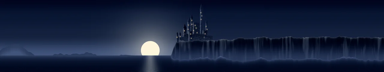 Navy Fantasy Castle at Sunset triple monitor wallpaper, 7680 × 1440