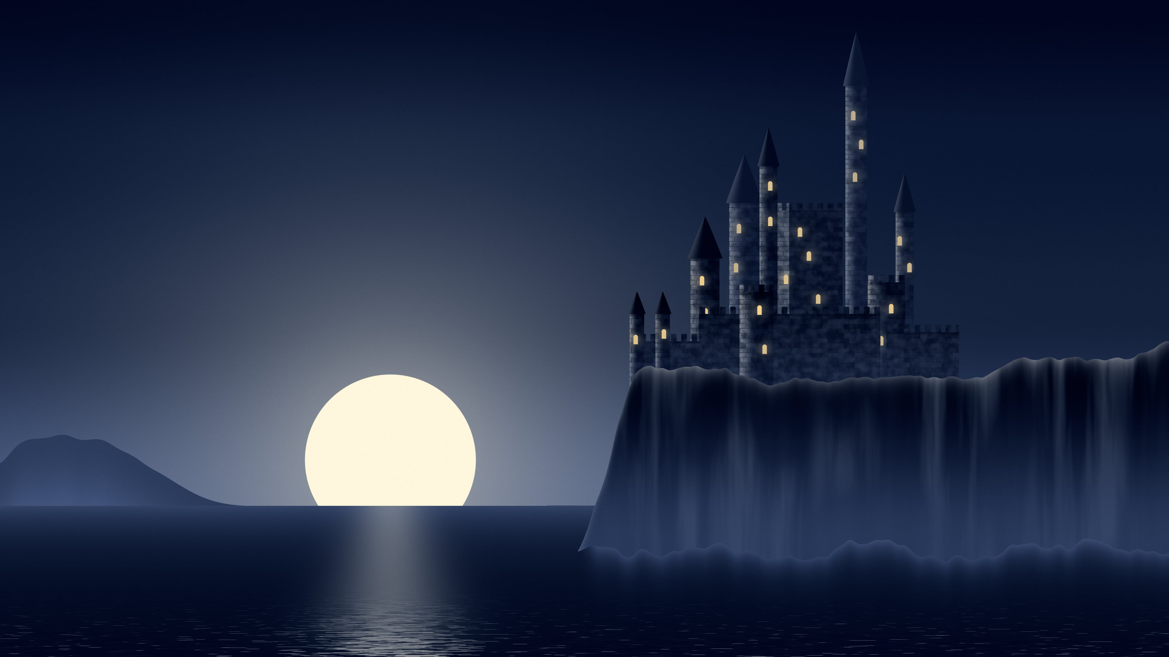 Navy Fantasy Castle at Sunset desktop wallpaper in 4K