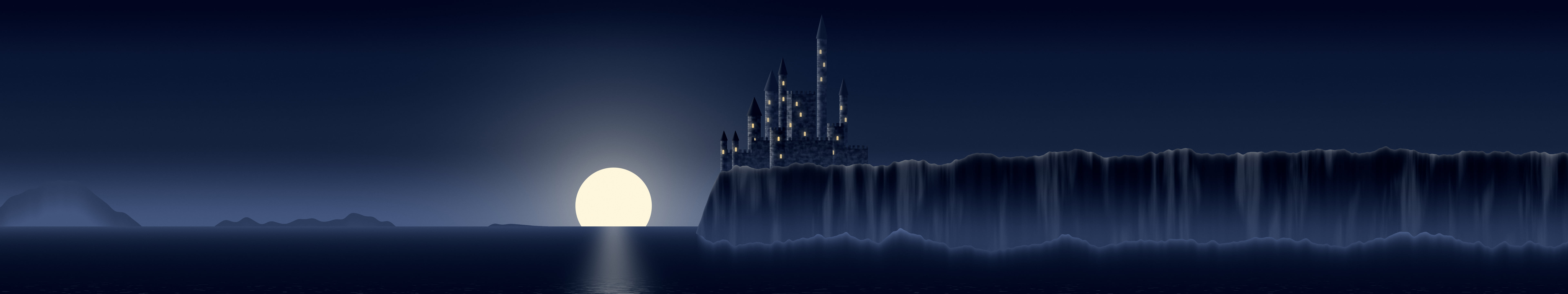 Navy Fantasy Castle at Sunset triple monitor wallpaper, 7680 × 1440