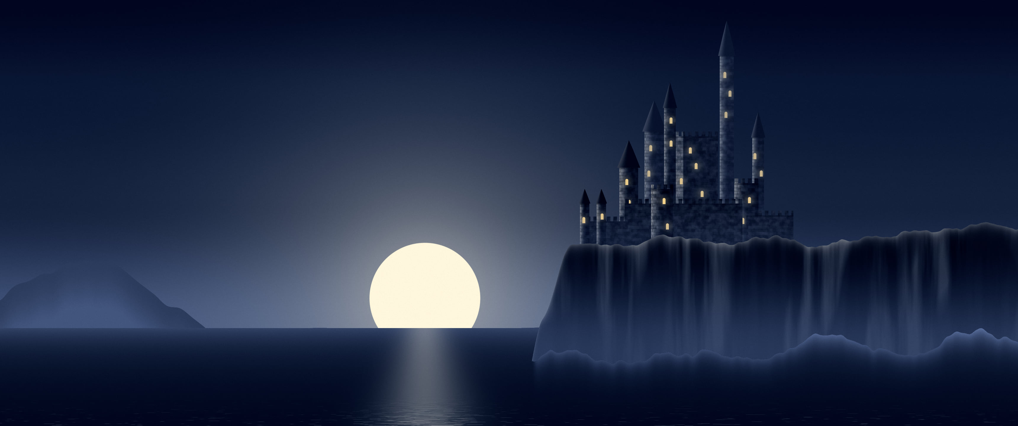 Navy Fantasy Castle at Sunset ultrawide wallpaper, 3440 × 1440