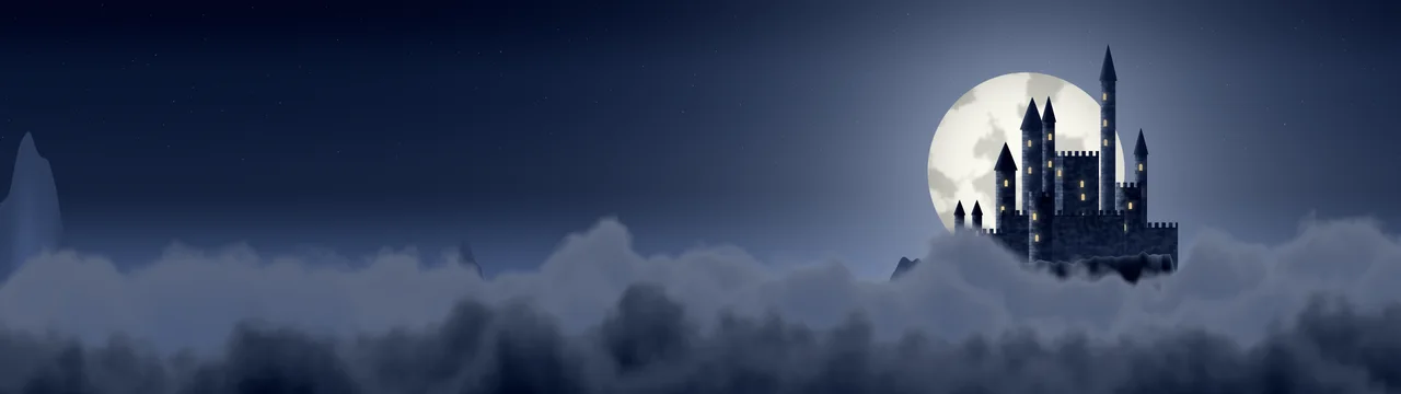 Navy Fantasy Castle in the Clouds dual monitor wallpaper, 7680 × 2160