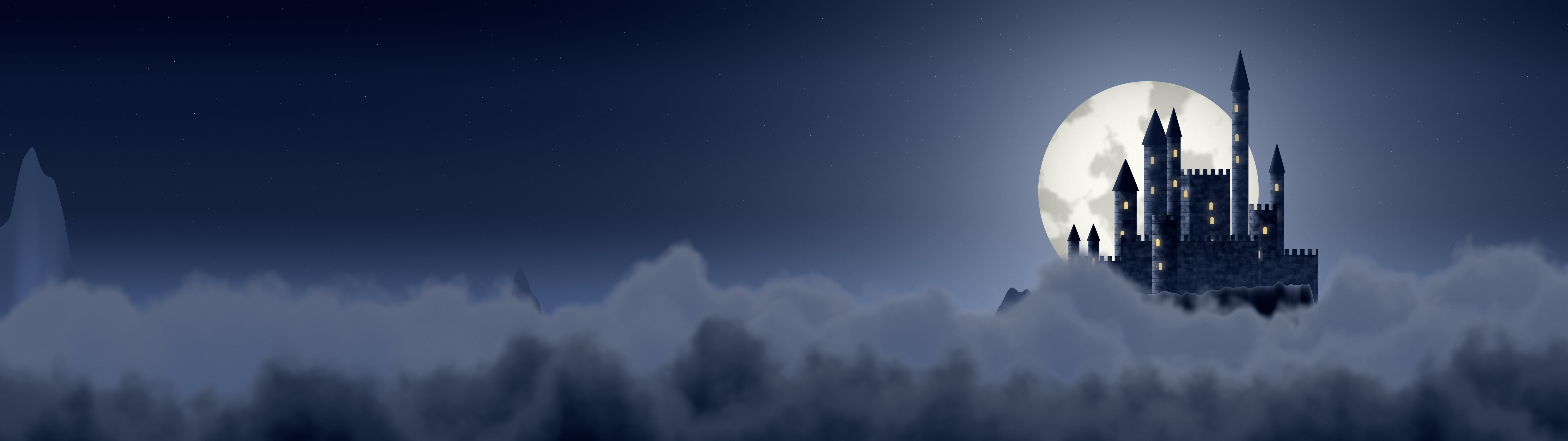 Navy Fantasy Castle in the Clouds dual monitor wallpaper, 7680 × 2160