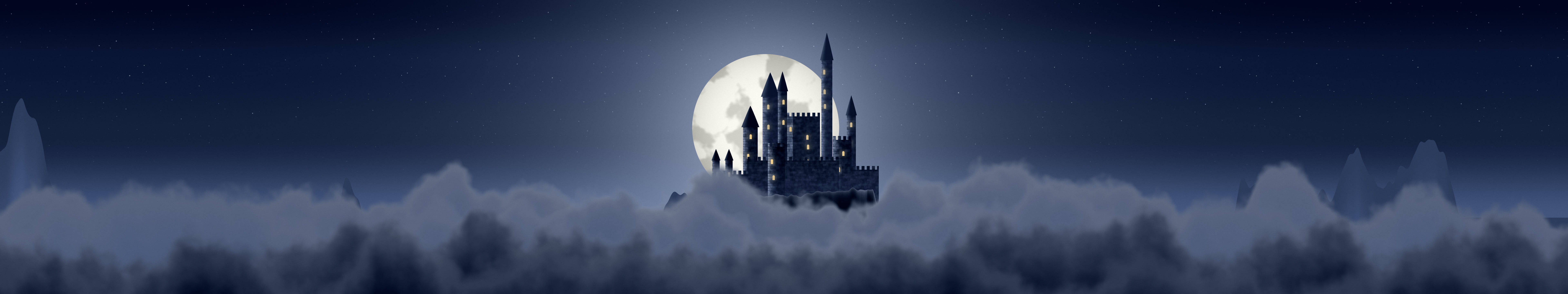 Navy Fantasy Castle in the Clouds triple monitor wallpaper, 7680 × 1440