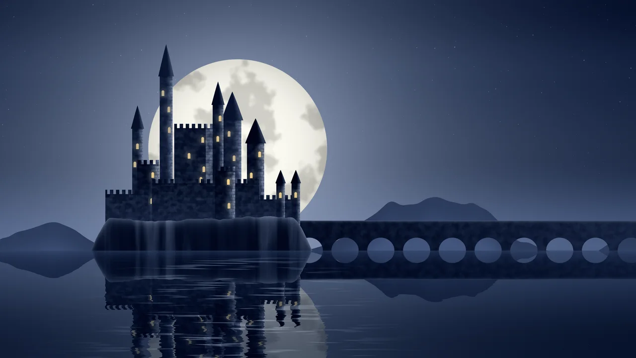Navy Fantasy Castle on a Lake desktop wallpaper in 4K
