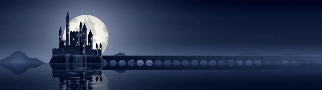 Navy Fantasy Castle on a Lake dual monitor wallpaper, 7680 × 2160