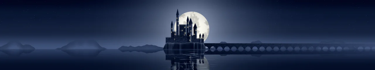 Navy Fantasy Castle on a Lake triple monitor wallpaper, 7680 × 1440