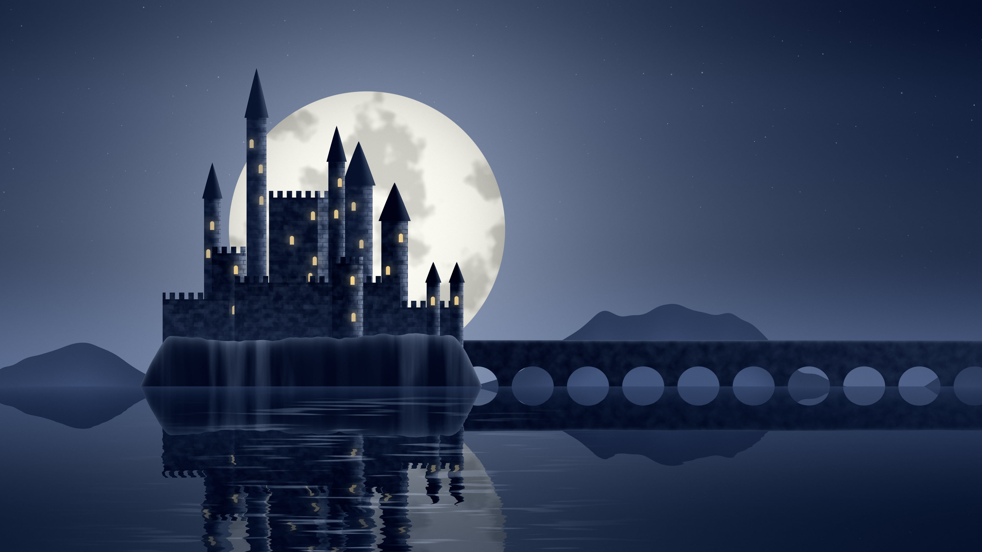 Navy Fantasy Castle on a Lake desktop wallpaper in 4K