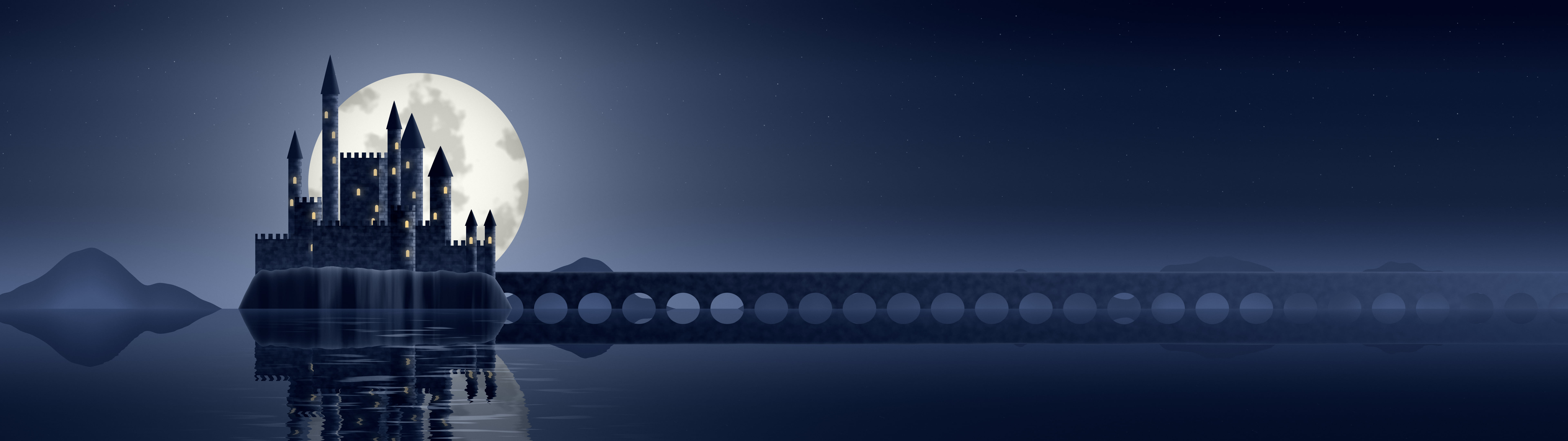 Navy Fantasy Castle on a Lake dual monitor wallpaper, 7680 × 2160