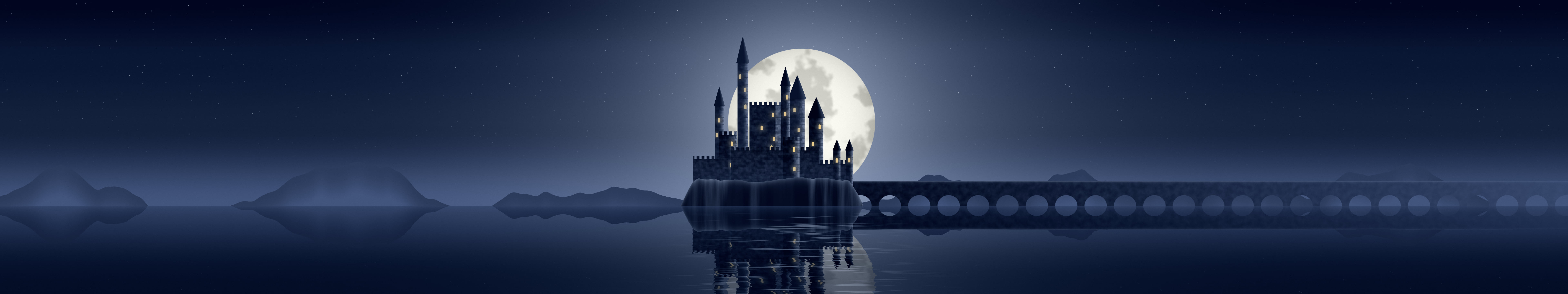 Navy Fantasy Castle on a Lake triple monitor wallpaper, 7680 × 1440