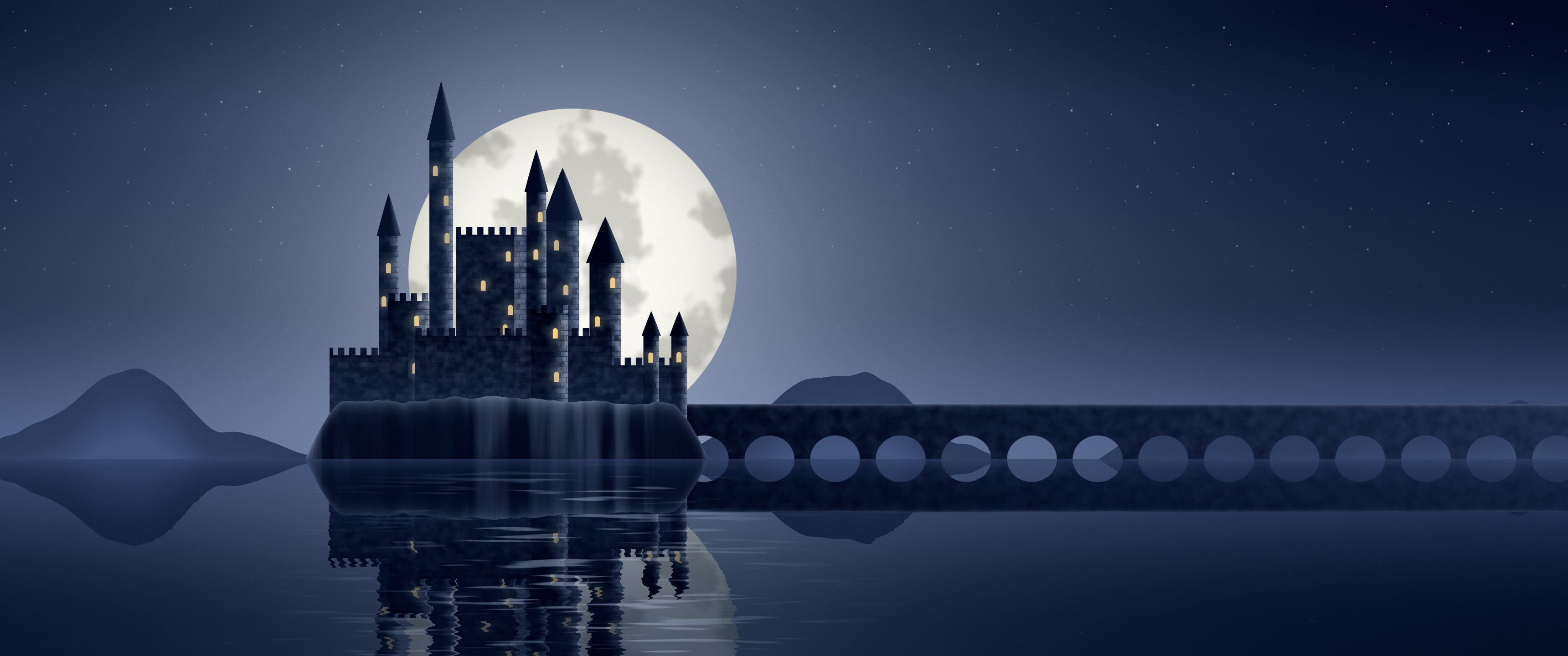 Navy Fantasy Castle on a Lake ultrawide wallpaper, 3440 × 1440