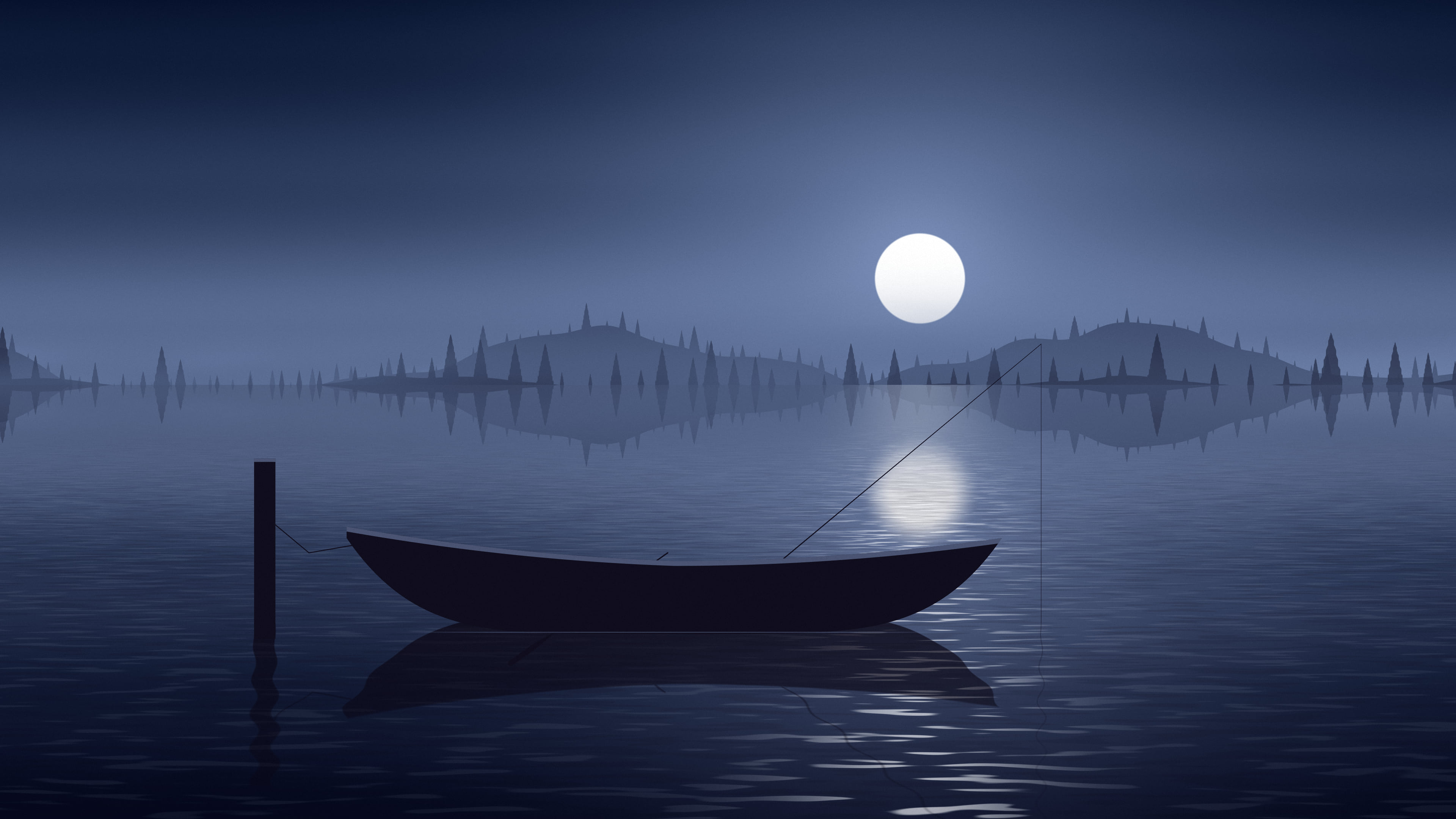 Navy Fishing Rowboat on a Misty Lake desktop wallpaper in 4K